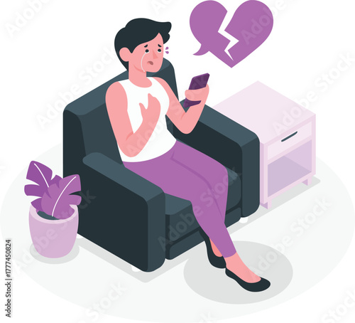 Woman crying while looking at phone with broken heart symbol heartbreak breakup