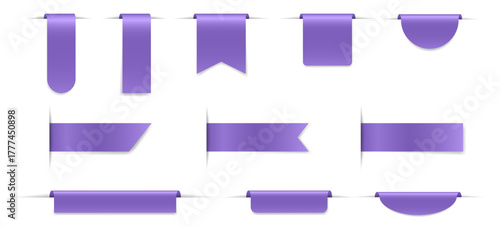 Set of purple bookmarks with shadows. Bent paper strips for marking pages. Long and short labels