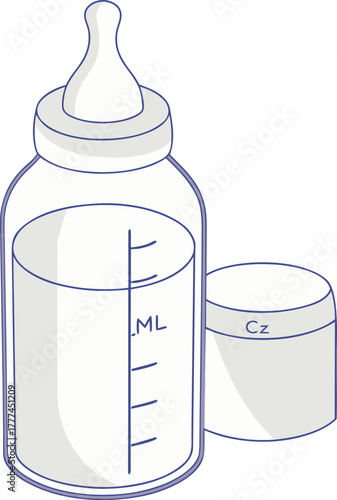 cylindrical cap, a white nipple, and a clear, rounded glass body filled with opaque, milky liquid. Blue markings with corresponding numerical values for milliliters (ml) and ounces (oz) are printed on
