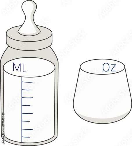 cylindrical cap, a white nipple, and a clear, rounded glass body filled with opaque, milky liquid. Blue markings with corresponding numerical values for milliliters (ml) and ounces (oz) are printed on