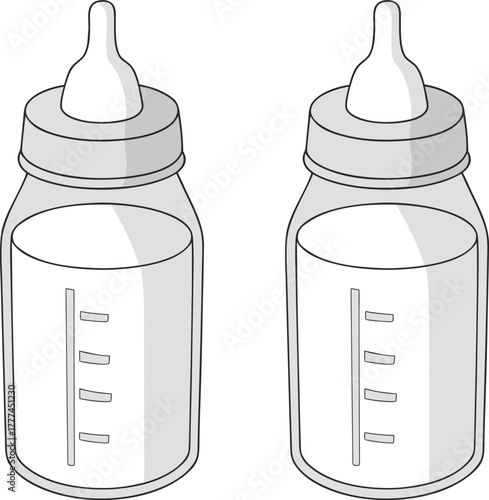 cylindrical cap, a white nipple, and a clear, rounded glass body filled with opaque, milky liquid. Blue markings with corresponding numerical values for milliliters (ml) and ounces (oz) are printed on