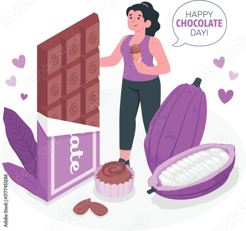 Woman enjoying chocolate ice cream with cocoa beans and bar dessert sweet