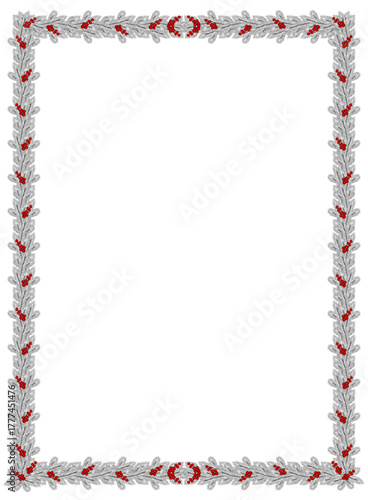 Christmas isolated frame of silver fir branches with red berries on a white background. Suitable for cards, invitations, notepads, notebooks, and posters. Vector illustration.