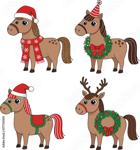 Adorable cartoon horses dressed up for christmas season