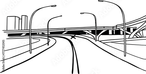 Urban Highway Overpass and Cityscape - Minimalist Line Art Vector