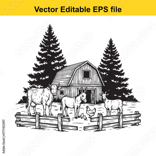 Farm scene with barn, fence, cow, donkey, sheep, and chickens, vector illustration