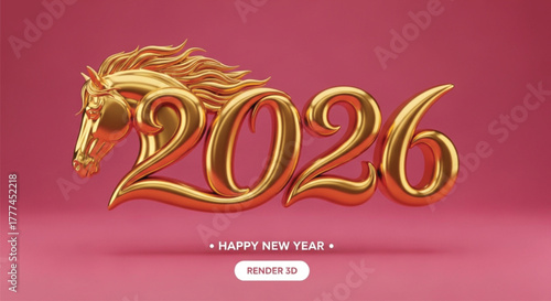 A golden horse head and the year 2026 are displayed on a pink background, wishing a happy new year in a festive and celebratory manner. Render 3D design.
