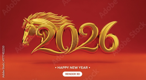 A golden horse head elegantly forms the year 2026 on a vibrant red background, symbolizing a prosperous and joyous Happy New Year celebration for everyone.