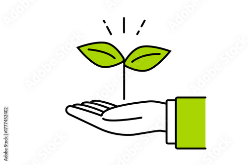 新芽とビジネスマンの手のイラスト―環境問題に取り組む企業イメージ