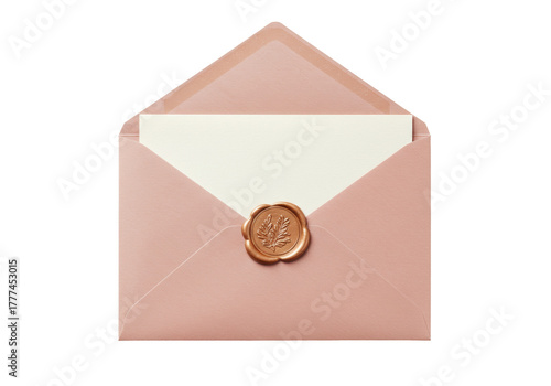 Isolated peach-toned envelope with blank card, secured with a copper-colored wax seal