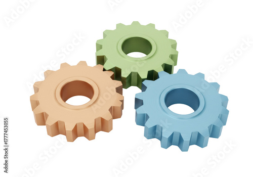 Isolated gears in light colors illustrate concepts of process, teamwork, and construction