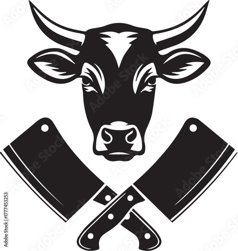 Bull head butchery logo design. Meat shop, b-b-q emblems. butchery shop, retro food labels, badges, insignia. Meat shop, butchery. Meat business vector design and illustration.