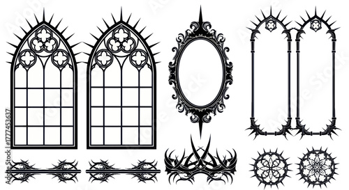 Gothic architectural elements: windows, frames, and decorative borders in black and white.