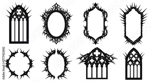 A set of eight ornate black gothic frames and windows with spiky, thorny designs isolated on a white background.