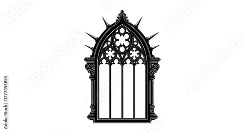 A black gothic window frame with intricate tracery and pointed finials, set against a white background.