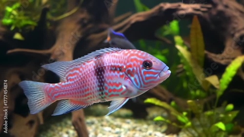 Colorful fish swimming in aquarium with decorative elements and bubbles