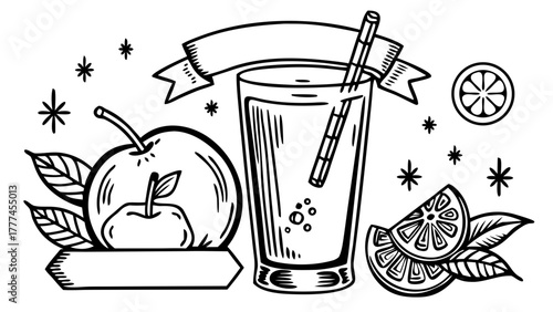 Very beautiful cider cocktail featuring raw apple vinegar, elegantly topped with a fresh apple slice, surrounded by stylish bar tools and space for text, perfect for beverage advertising design.