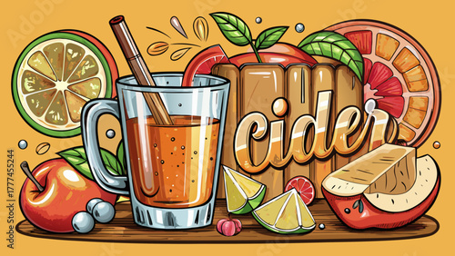 Very beautiful cider cocktail featuring raw apple vinegar, elegantly topped with a fresh apple slice, surrounded by stylish bar tools and space for text, perfect for beverage advertising design.