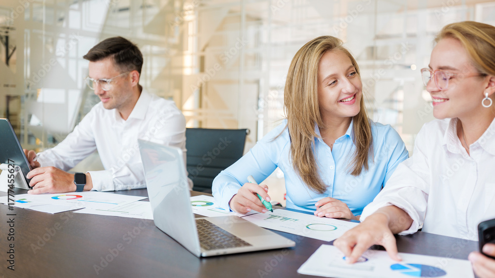 Fototapeta premium Team members discussing project data in office