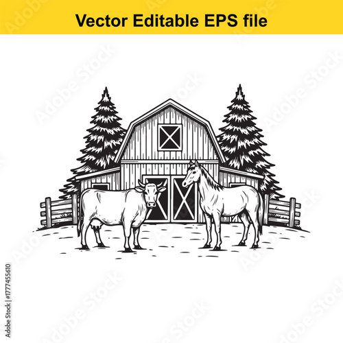 Farm scene with a cow and a horse standing in front of a barn with trees and a fence