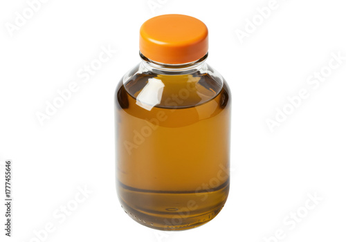 Isolated bottle of golden liquid with an orange cap, medicine, oil, or alternative remedies
