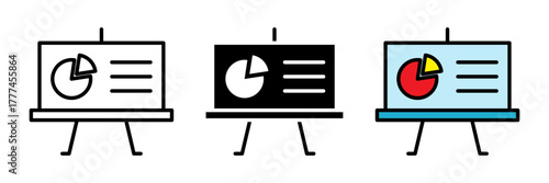 A modern flat-style presentation board data icon in colored, filled, and stroke design. Represents analytics, reporting, and business presentation. Perfect for websites, apps, infographics, and slides