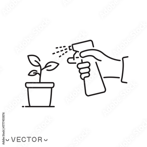 hand spraying potted plant icon, gardener using spray bottle to moisten seedlings, plant care and watering, thin line symbol isolated on white background, editable stroke eps 10 vector illustration