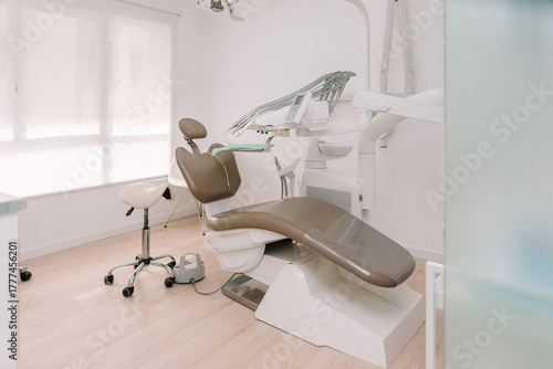 Empty Modern dental clinic showing equipment and chair ready for patients,dental care and hygiene