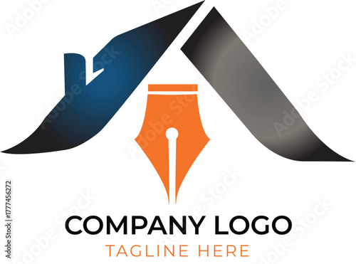 Ink House Logo Design: An artistic representation of a house structure incorporates a creative ink pen, symbolizing the essence of creation, design, and ideas.