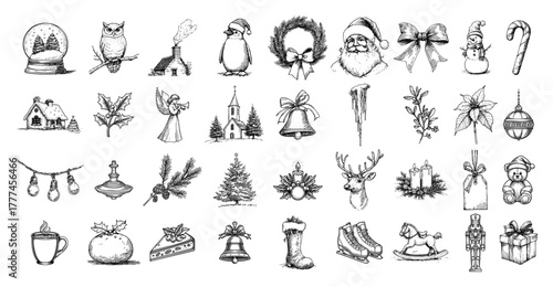 Christmas Hand Drawn Sketch Icon Set Winter Holiday Doodles Vector Collection