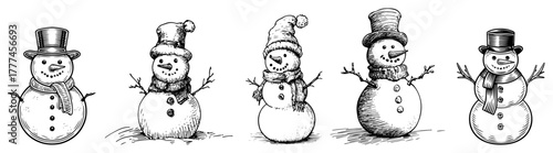 Hand Drawn Christmas Snowman Characters Vector Set Sketch Illustrations