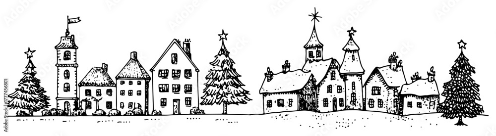 Naklejka premium Christmas Winter Village Scene Hand Drawn Snowy Town Sketch Vector