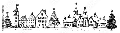 Christmas Winter Village Scene Hand Drawn Snowy Town Sketch Vector