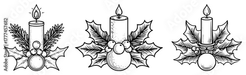 Hand drawn Christmas candle with holly decoration set. Vector sketch illustration of festive holiday arrangements.