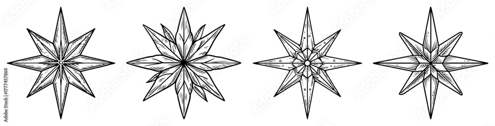 Obraz premium Christmas Star Ornaments Hand Drawn Eight Pointed Vintage Vector Sketch Set