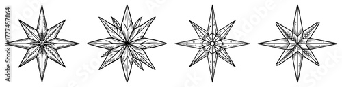Christmas Star Ornaments Hand Drawn Eight Pointed Vintage Vector Sketch Set