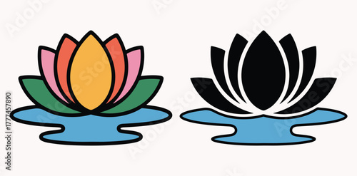 Beautiful lotus flower icon illustration design on water with white background