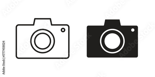 Camera icon flat and thin stroke vector pack. Editable icons set