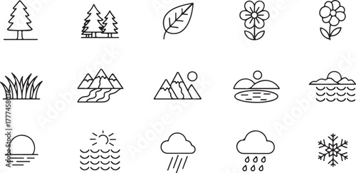 Environment and Weather Line Icons Set Including Trees Leaf Flower Grass Mountains Water Sun Rain Snow Outline Symbols Nature Ecosystem Collection