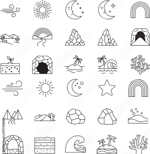 Earth nature geography elements line icons collection set landscape and weather outline symbols environment processes minimal vector illustration