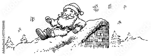 Santa Claus Resting on Roof Hand Drawn Christmas Scene Vector Sketch