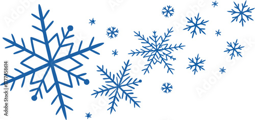 A collection of stylized blue snowflakes against a stark white background. The snowflakes vary in size and complexity, ranging from smaller, simpler six-pointed stars to larger, more intricate designs