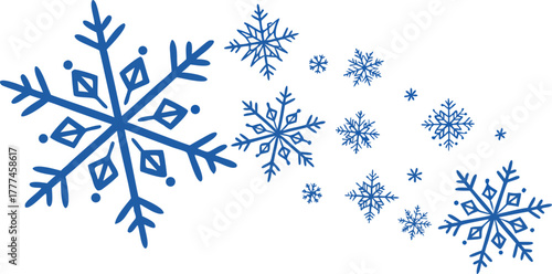 A collection of stylized blue snowflakes against a stark white background. The snowflakes vary in size and complexity, ranging from smaller, simpler six-pointed stars to larger, more intricate designs