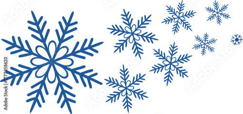 A collection of stylized blue snowflakes against a stark white background. The snowflakes vary in size and complexity, ranging from smaller, simpler six-pointed stars to larger, more intricate designs
