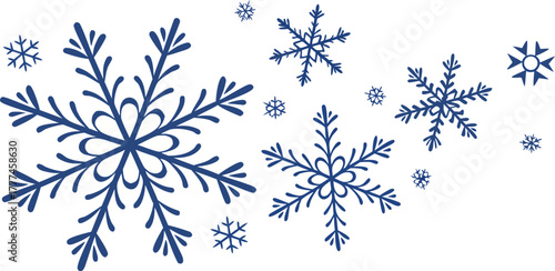 A collection of stylized blue snowflakes against a stark white background. The snowflakes vary in size and complexity, ranging from smaller, simpler six-pointed stars to larger, more intricate designs