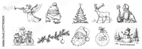 Hand Drawn Christmas Vintage Illustrations Set Angel Reindeer Santa Ornaments And Winter Elements Vector