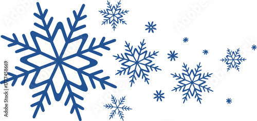 A collection of stylized blue snowflakes against a stark white background. The snowflakes vary in size and complexity, ranging from smaller, simpler six-pointed stars to larger, more intricate designs