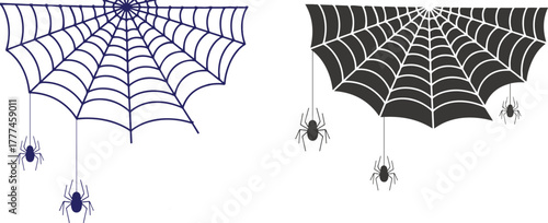 Spooky spider web with hanging spiders for Halloween decoration banner