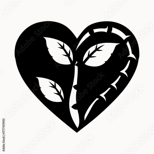 Black heart with leaves and thorns design on a white background in a vector illustration style