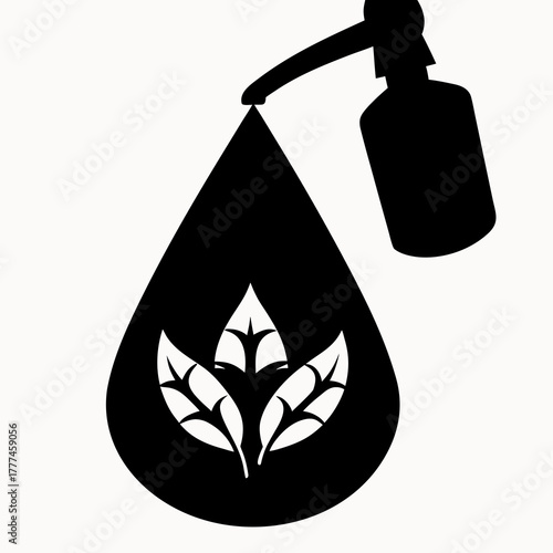 Black and white illustration of a drop with leaves inside and a dropper dispensing liquid above it